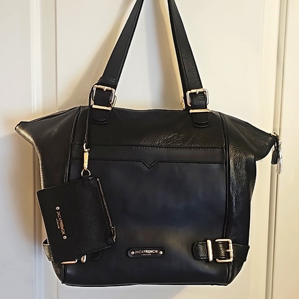Jack French London Satchel, Black, Genuine Leather, Purple Suede Lining, Zip Clo